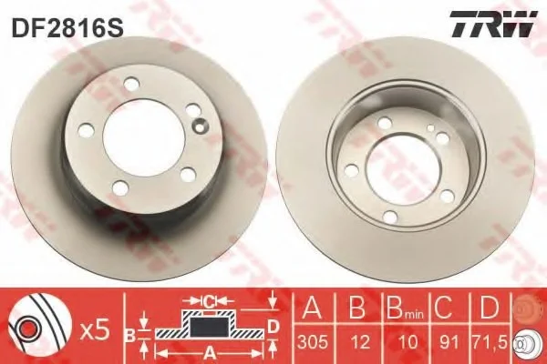 Диск тормозной (1 шт.).) NISSAN/OPEL/RENAULT NV400/Movano/Master "2,3D "R D=305mm "10>> TRW DF2816S (фото 1)