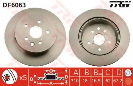Диск гальмівний (1 шт.) LEXUS GS/IS "2,2-4,6 "05>> TRW DF6063