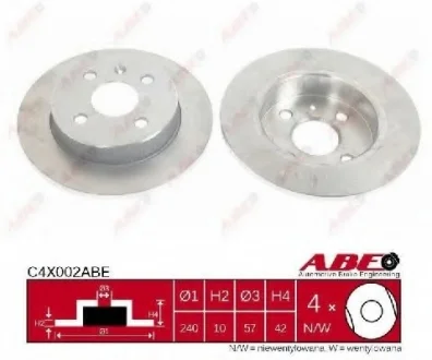 Диск тормозной задний лев/прав CHEVROLET ASTRA, CORSA OPEL ASTRA F CLASSIC, ASTRA G, ASTRA G CLASSIC, ASTRA H, ASTRA H CLASSIC, ASTRA H GTC, MERIVA A 1.2-2.0D 08.94-10.14 ABE C4X002ABE