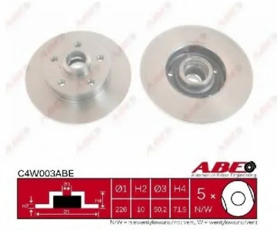 Диск тормозной задний лев/прав SEAT TOLEDO I VW CORRADO, GOLF III, PASSAT B2, PASSAT B3/B4, POLO III CLASSIC, VENTO 1.4-2.9 01.81-07.02 ABE C4W003ABE