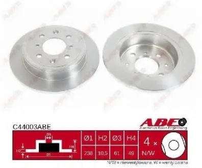 Диск тормозной задний лев/прав HONDA ACCORD III, CIVIC IV, CIVIC VI, CONCERTO, CRX II, CRX III, JAZZ II, PRELUDE III LOTUS ELISE MG ZR ROVER 200, 200 II, 25 I, 400, 400 II 1.1-2.0D 11.85-09.07 ABE C44003ABE