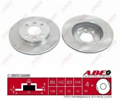 Диск тормозной передний лев/прав NISSAN KUBISTAR RENAULT 11, 19 I, 19 I CHAMADE, 19 II, 19 II CHAMADE, 21, 9, CLIO I, CLIO II, KANGOO, KANGOO EXPRESS, MEGANE I 1.0-Electric 04.84- ABE C3R003ABE