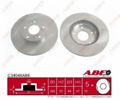 Диск тормозной передний лев/прав HONDA ACCORD IX, ACCORD VI, ACCORD VII, CIVIC IX, CIVIC VIII, CIVIC X, CR-V II, CR-Z, FR-V, STREAM 1.3-3.0 03.97- ABE C34048ABE