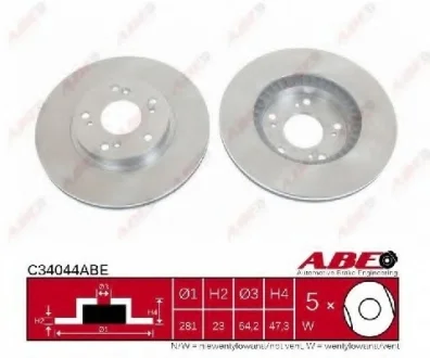 Диск тормозной передний лев/прав HONDA ACCORD IX, ACCORD VI, ACCORD VII, ACCORD VIII, CIVIC VII, CIVIC VIII, CIVIC X, CR-V I, CR-V II, CR-Z, FR-V, STREAM 1.4-3.0 03.97- ABE C34044ABE