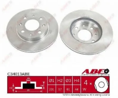 Диск тормозной передний лев/прав HONDA CIVIC III, CIVIC IV, CIVIC V, CIVIC VI, CRX I, INTEGRA 1.2-1.6 10.83-08.01 ABE C34013ABE