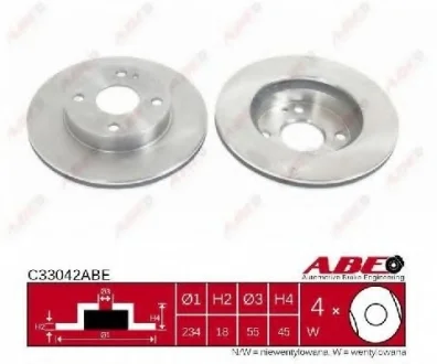 Диск тормозной передний лев/прав KIA AVELLA MAZDA 121 II, 323 C IV, 323 C V, 323 F IV, 323 II, 323 III, 323 P V, 323 S IV, 323 S V, MX-5 I 1.3-1.8 09.86-12.01 ABE C33042ABE
