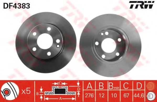 Диск гальмівний (1 шт.) MERCEDES A(W169) "F D=276mm "04-"12 TRW DF4383 (фото 1)