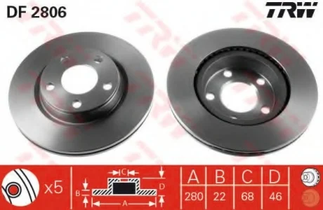 Диск гальмівний (1 шт.) AUDI - VOLKSWAGEN A4/A4 Quattro/A8/A8 Quattro/S8 Quattro/Passat/Passat TRW DF2806