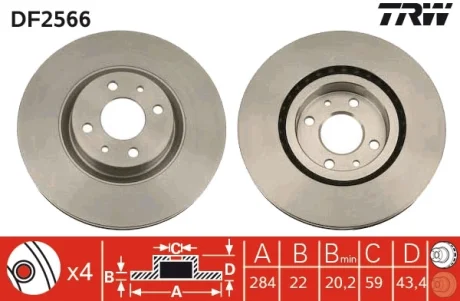 Диск гальмівний (1 шт.) ALFA ROMEO - FIAT - LANCIA 155/Bravo/Coupe/Croma/Idea/Marea/Ma TRW DF2566