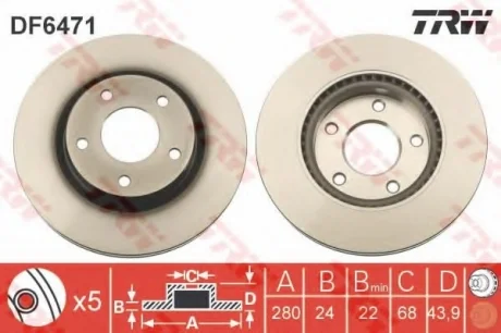 Диск гальмівний (1 шт.).) NISSAN Juke/Pulsar "F D=280mm "10>> TRW DF6471
