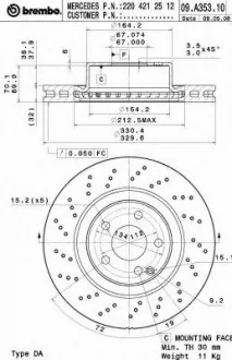 Тормозной диск пер. W220 98-/C215 99- (330x76mm)(1шт/уп) BREMBO 09.A353.11