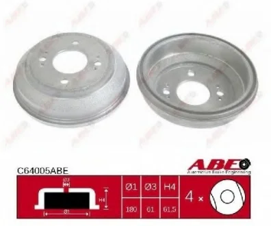 Тормозной барабан задний HONDA CITY III, CIVIC III, CIVIC IV, CIVIC V, CIVIC VI, CRX I, CRX II, CRX III, DOMANI, INTEGRA ROVER 200 I 1.2-1.6 08.83-08.01 ABE C64005ABE