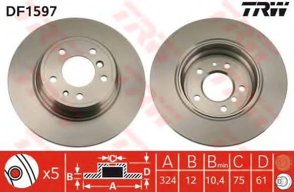 Диск гальмівний (1 шт.) BMW - 725d/728i/730d/730i/735i/740i/840i/850i/H1/H2 TRW DF1597 (фото 1)