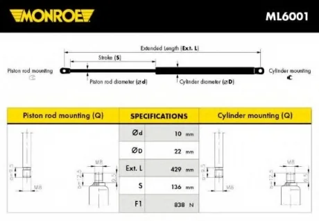 Пружина газова багажника MONROE ML6001
