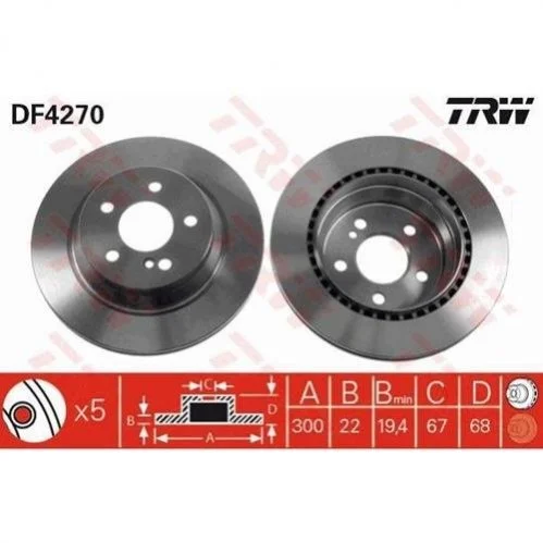 Диск тормозной (1 шт.).) MERCEDES CLS350/CLS500/E200/E220/E240/E270/E280/E320/E350/E400/E500 TRW DF4270 (фото 1)