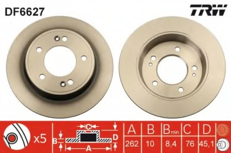 Диск гальмівний (1 шт.) HYUNDAI/KIA Elantra/I30/Veloster/Ceed/Soul "R D=262mm "11>> TRW DF6627