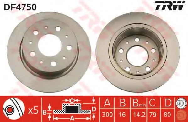 Диск тормозной (1 шт.).) CITROEN/FIAT/PEUGEOT Jumper/Ducato/Boxer "R D=300mm "06>> TRW DF4750 (фото 1)