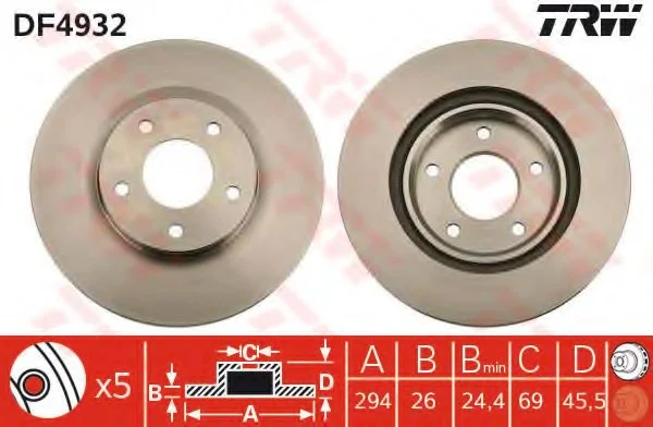 Диск гальмівний (1 шт.).) CITROEN/MITSUBISHI/PEUGEOT C4/ASX/4008 "F D=294mm "12>> TRW DF4932 (фото 1)
