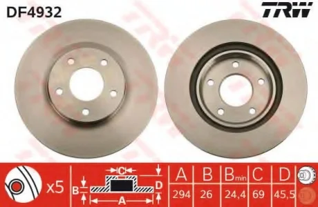 Диск гальмівний (1 шт.) CITROEN/MITSUBISHI/PEUGEOT C4/ASX/4008 "F D=294mm "12>> TRW DF4932