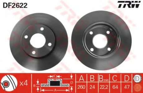 Диск тормозной (1 шт.).) FORD (Europe) Cougar/Mondeo/Mondeo Estate/Wagon/Scorpio TRW DF2622