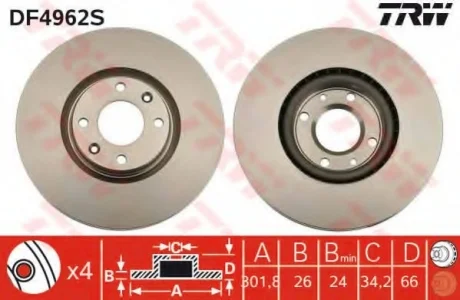 Диск тормозной CITROEN/PEUGEOT C4/DS4/208/3008//5008 "F D=302mm "09>> TRW DF4962S