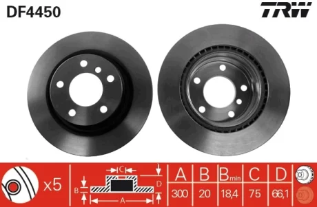 Диск тормозной (1 шт.).) BMW 1(81,87)/3(90,91,92) "R D=300mm "05>> TRW DF4450