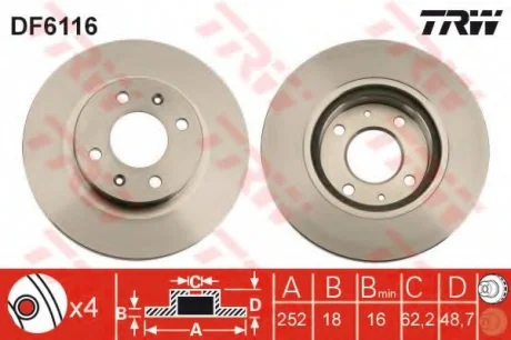 Диск гальмівний (1 шт.) HYUNDAI/KIA I10/Picanto "F D=252mm "05>> TRW DF6116