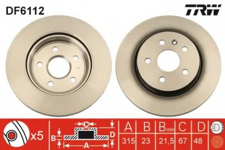 Диск гальмівний (1 шт.) OPEL/SAAB Insignia/9-3 "R D=315mm "08>> TRW DF6112