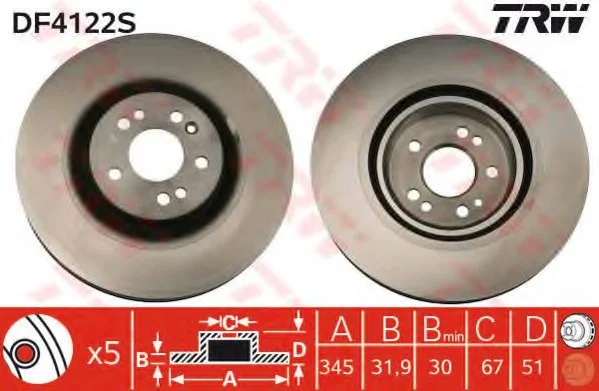 Диск тормозной MERCEDES ML(163) "F D=345mm "00-05 TRW DF4222S (фото 1)