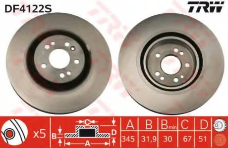 Диск тормозной MERCEDES ML(163) "F D=345mm "00-05 TRW DF4222S