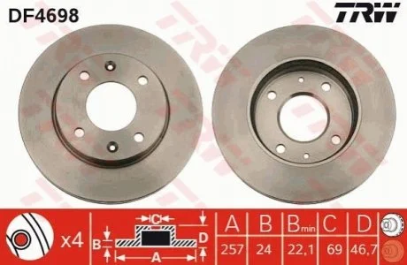 Диск гальмівний, HYUNDAI Elantra/Matrix, 1.6-2.0, G4GC, 00-06, KIA Cerato, 1.6, G4FC, 06- TRW DF4698