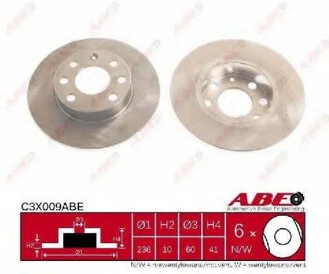 Диск тормозной передний лев/прав OPEL CORSA A, CORSA A TR, KADETT D, KADETT E, KADETT E COMBO 1.0-1.4 08.79-07.94 ABE C3X009ABE (фото 1)