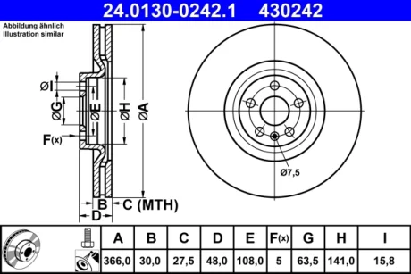 Диск тормозной передний лев/прав VOLVO XC60 II, XC90 II 2.0-2.0H 09.14- ATE 24013002421