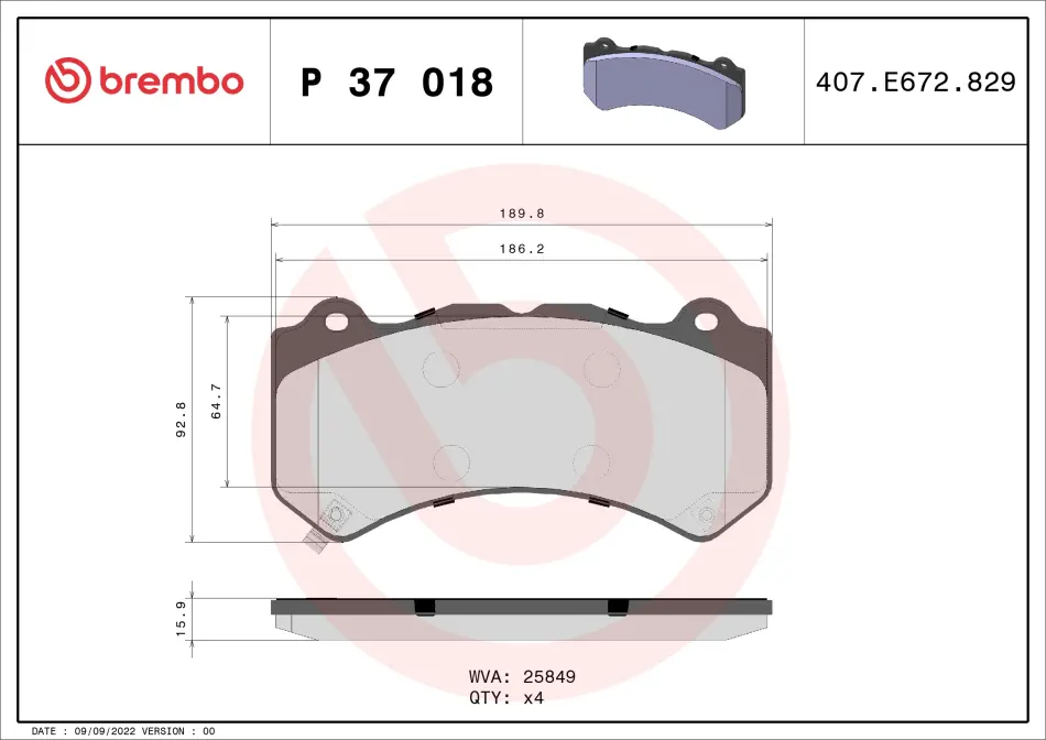 Тормозные колодки пер. Cadillac ATS 13-/CTS 07- BREMBO P37018 (фото 1)