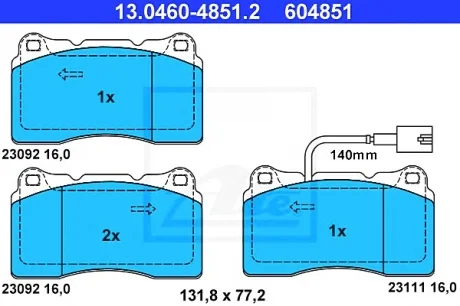 Комплект тормозных колодок переднего., ALFA ROMEO 159, GIULIETTA MASERATI GHIBLI III 1.6D-3.2 06.05- ATE 13046048512