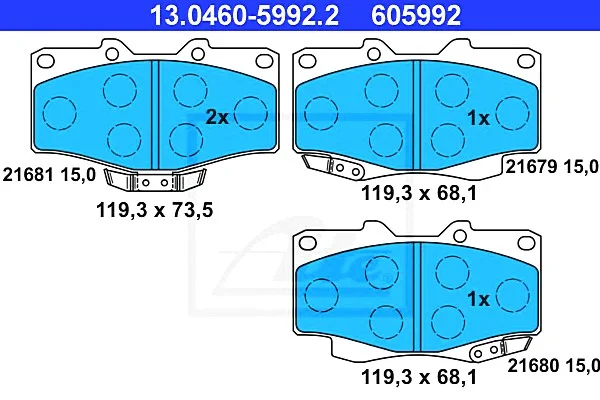 Комплект тормозных колодок переднего., TOYOTA 4 RUNNER II, 4 RUNNER III, HILUX V, HILUX VI, HILUX VII, LAND CRUISER, LAND CRUISER 90 2.4-4.2D 11.84- ATE 13046059922 (фото 1)