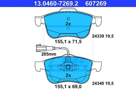 Комплект тормозных колодок переднего., ALFA ROMEO GIULIETTA 1.4-2.0D 04.10-12.20 ATE 13046072692