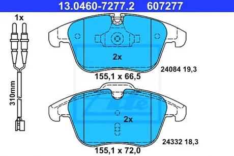 Комплект тормозных колодок переднего., PEUGEOT 407, 508, 508 I 1.6-2.2D 05.04- ATE 13046072772
