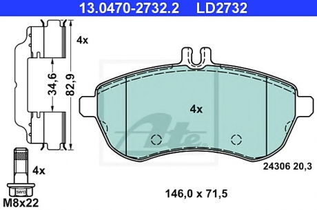 Комплект тормозных колодок, дисковый тормоз ATE 13047027322 (фото 1)