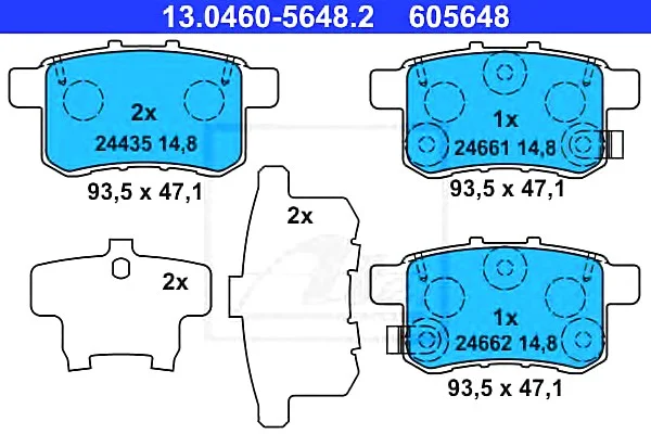 Комплект тормозных колодок задн (с шумопоглощающей пластиной), HONDA ACCORD IX, ACCORD VIII, CIVIC III, CIVIC IV 1.5-3.5 03.86- ATE 13046056482 (фото 1)