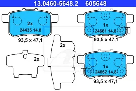 Комплект тормозных колодок задн (с шумопоглощающей пластиной), HONDA ACCORD IX, ACCORD VIII, CIVIC III, CIVIC IV 1.5-3.5 03.86- ATE 13046056482
