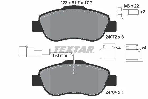 Комплект тормозных колодок переднего., ABARTH 500 / 595 / 695 FIAT 500, 500 C, GRANDE PUNTO, PANDA, PUNTO EVO FORD KA PEUGEOT BIPPER TEPEE 1.2-1.4D 09.03- TEXTAR 2407202 (фото 1)