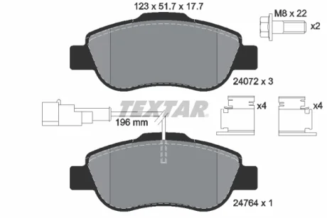 Комплект тормозных колодок переднего., ABARTH 500 / 595 / 695 FIAT 500, 500 C, GRANDE PUNTO, PANDA, PUNTO EVO FORD KA PEUGEOT BIPPER TEPEE 1.2-1.4D 09.03- TEXTAR 2407202