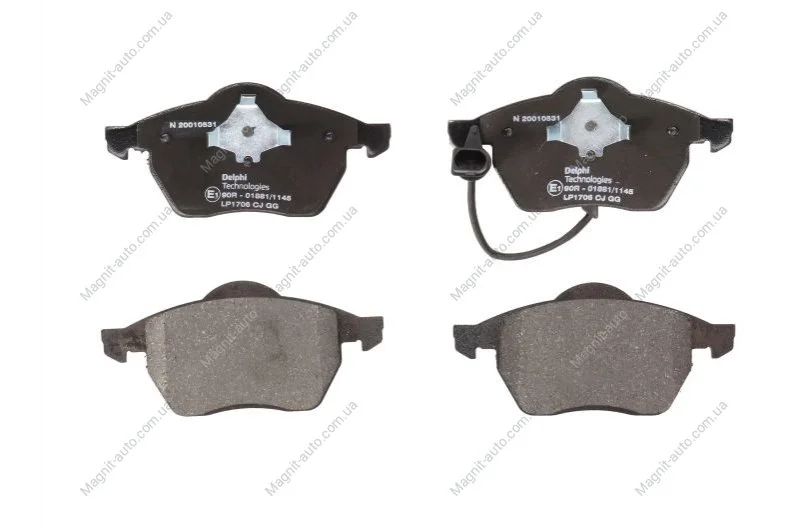 Комплект тормозных колодок переднего., AUDI A4 B5 FORD GALAXY I, GALAXY MK I SEAT ALHAMBRA VW SHARAN 1.8-2.8 03.95-03.10 Delphi LP1706 (фото 1)