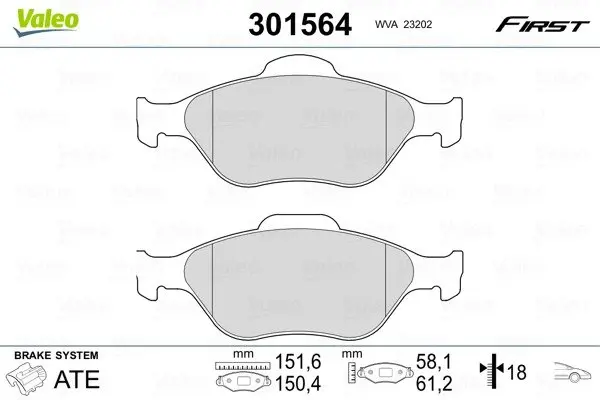 Гальмівні колодки дискові FORD/MAZDA Fiesta/Fusion/Ka/Puma/Street/121/2 "1,25-1,8 "F "95-12 Valeo 301564 (фото 1)