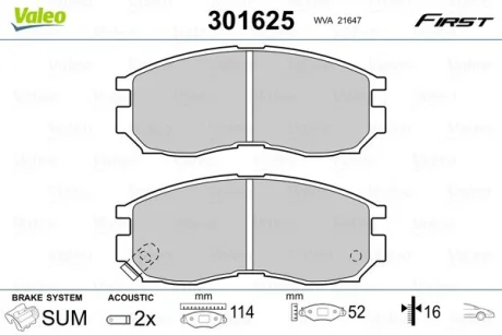 Тормозные колодки дисковые HYUNDAI/MITSUBISHI Santamo/Colt/Galant/Lancer "1,6-2,5 "F "87-03 Valeo 301625