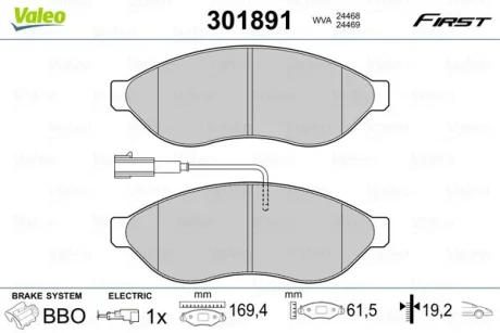 Тормозные колодки дисковые CITROEN/FIAT/PEUGEOT Jumper/Ducato/Boxer "2,0-3,0 "F "06>> Valeo 301891