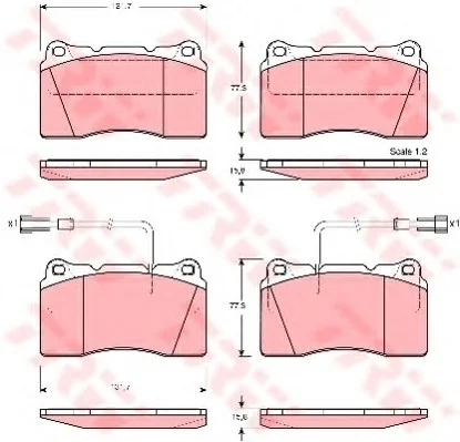Комплект гальмівних колодок переднього., ALFA ROMEO 159, 166, BRERA, GIULIETTA, SPIDER MASERATI GHIBLI III 1.6D-3.2 09.98- TRW GDB1363 (фото 1)