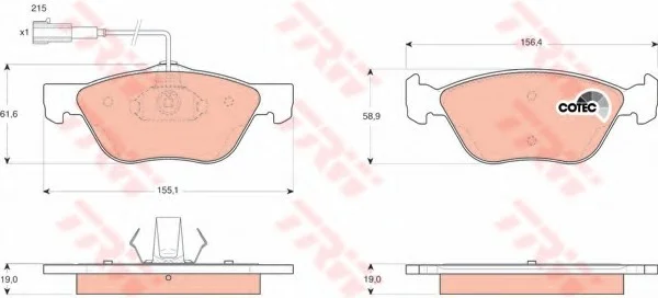 Комплект гальмівних колодок переднього., ALFA ROMEO 145, 146, 147, 156, GT FIAT MAREA, MULTIPLA, PUNTO LANCIA DELTA II, LYBRA 1.6-3.2 06.93-03.12 TRW GDB1445 (фото 1)
