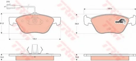 Комплект гальмівних колодок передн, ALFA ROMEO 145, 146, 147, 156, GT FIAT MAREA, MULTIPLA, PUNTO LANCIA DELTA II, LYBRA 1.6-3.2 06.93-03.12 TRW GDB1445